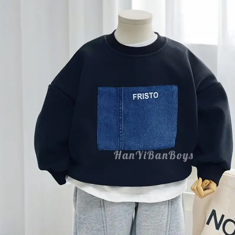 

100% Cotton Children's Boys' Children 2022 Autumn and Winter New Denim Stitching Long Sleeve Bottoming Shirt round Neck Sweater