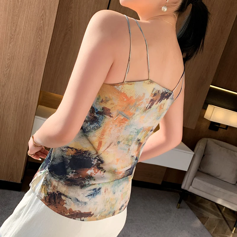 2023 Summer Women\'s Strap Silk Seamless Sports Top High Temperature Printed Sleeveless Sexy V-Neck T-Shirt Suit Office Wear