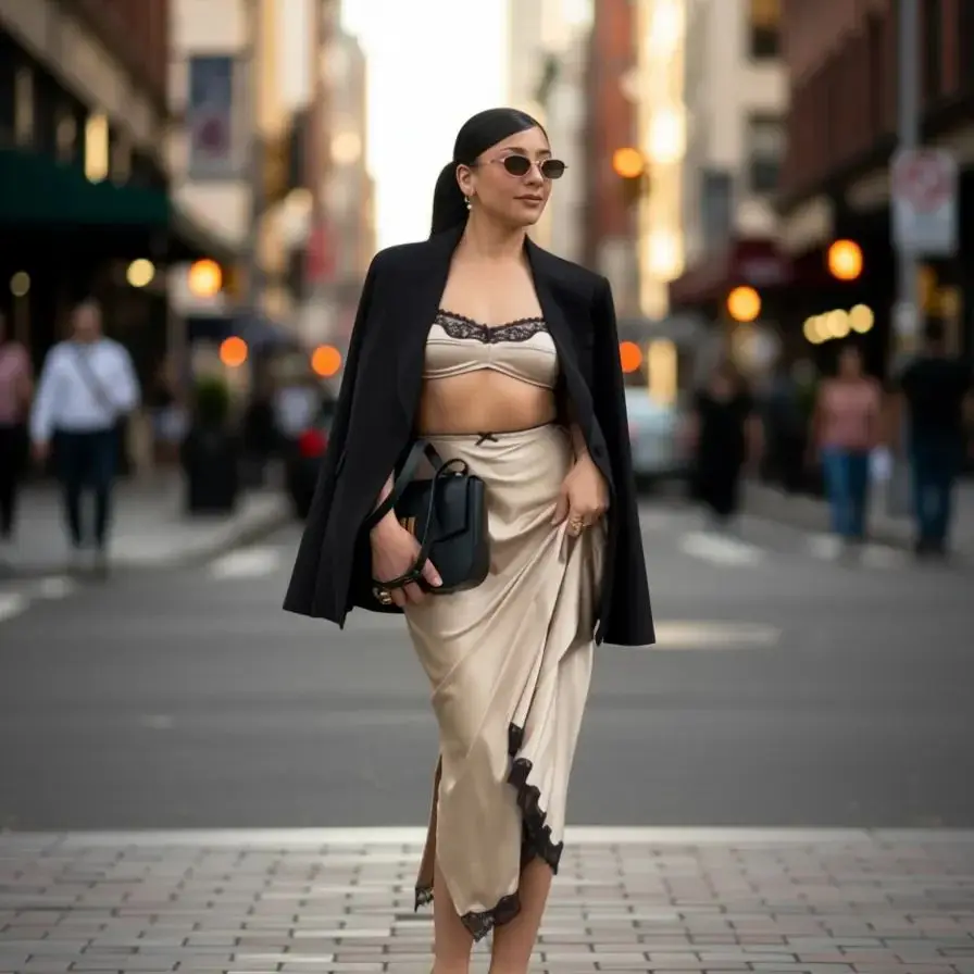 

Элегантная бежевая атласная юбка-миди с черной кружевной отделкой, высокая талия, боковой разрез, летняя повседневная офисная одежда для женщин, модная