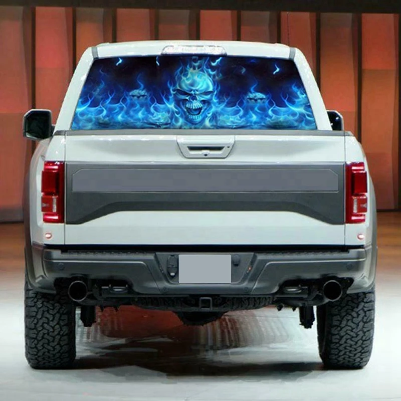 2X One Way Vision For Suv Pickup Blue Flaming Skull 3D Rear Windshield Decal Sticker Decor Rear Window Glass Poster