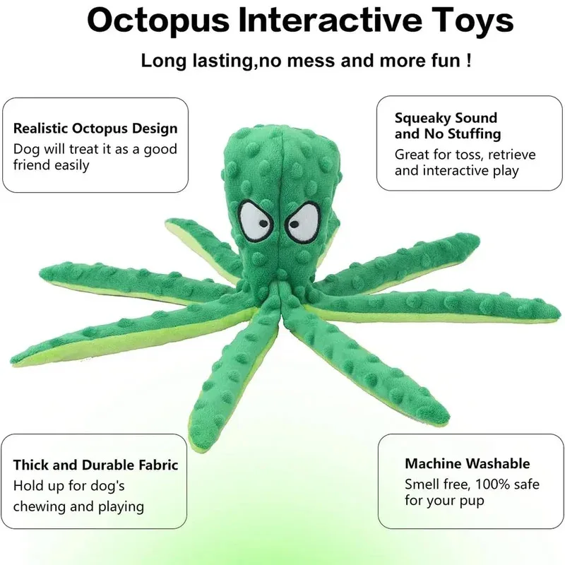

Durable Plush Octopus Dog Chew Toy for Aggressive Chewers, Non-Stuffed Squeaky Puppy Teething Toy