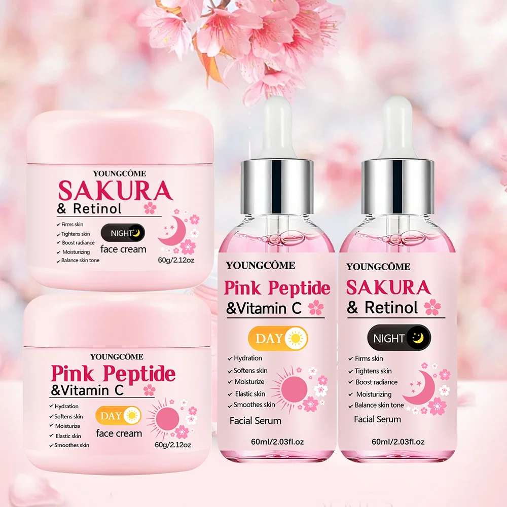 

Набор для ухода за кожей «День и ночь» из 4 предметов: дневной крем с розовым пептидом и витамином С + ночной крем и эссенция с сакурой и ретинолом для увлажнения, укрепления