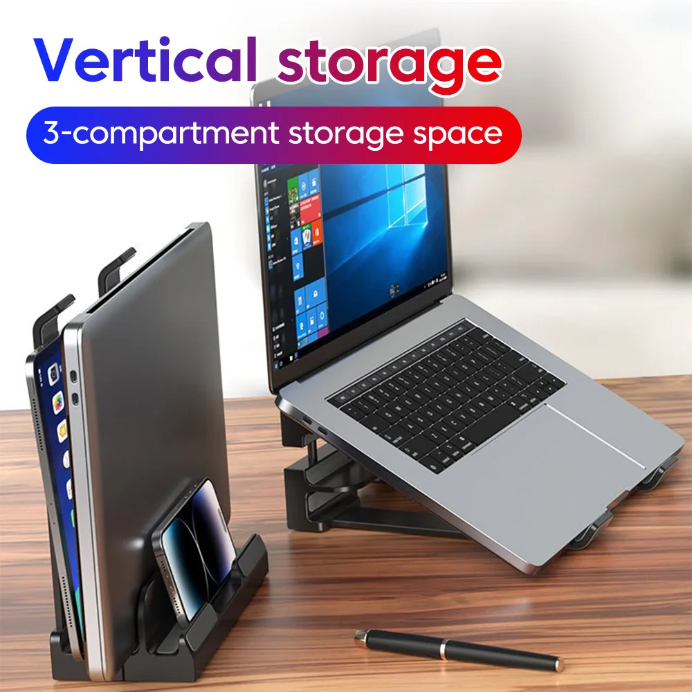 Verstellbarer Vertikaler Laptop-Ständer 3-Fach Dual-Use Laptop-Halter mit Silikonauflage, Platzsparender Schreibtisch-Organizer für MacBook und Tablet