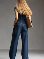 Yeezzi Women's Sleeveless Denim Jumpsuits 2026 New Fashion Contrast Stitching High Waist Wide Leg Buttons Pockets Cargo Jumpsuit - Image 2