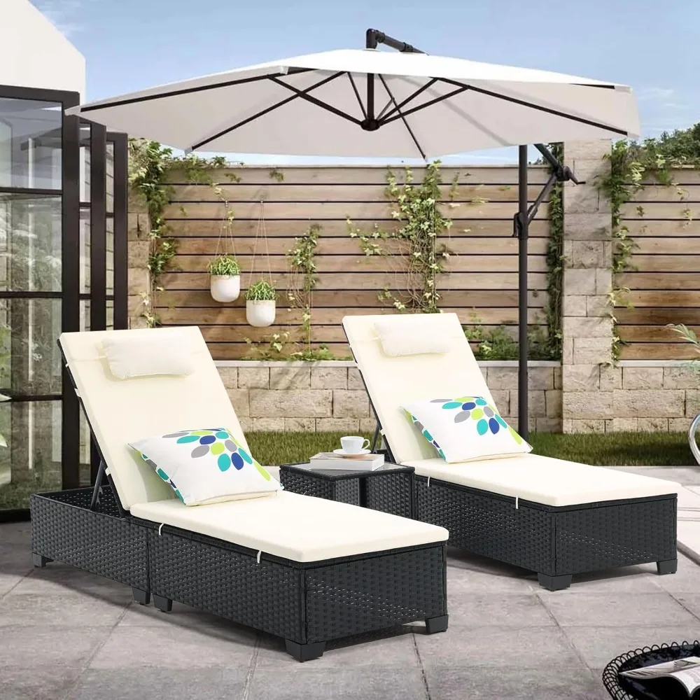 

5-Level Adjustable Outdoor Chaise Lounge Chairs Set with Coffee Table & Thick Cushion, All-Weather Rattan Pool Lounger for Patio
