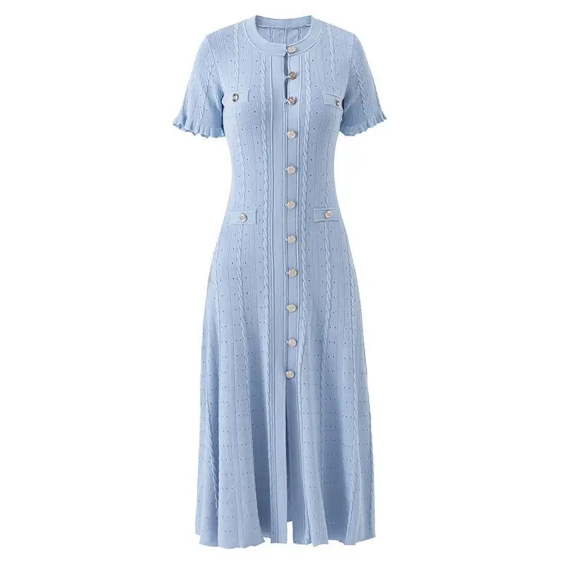 

High Quality Knitted Summer Dress Light Blue with Wooden Sleeves Silver Metal Buckle Flared A-Line Elegant Ladylike Style