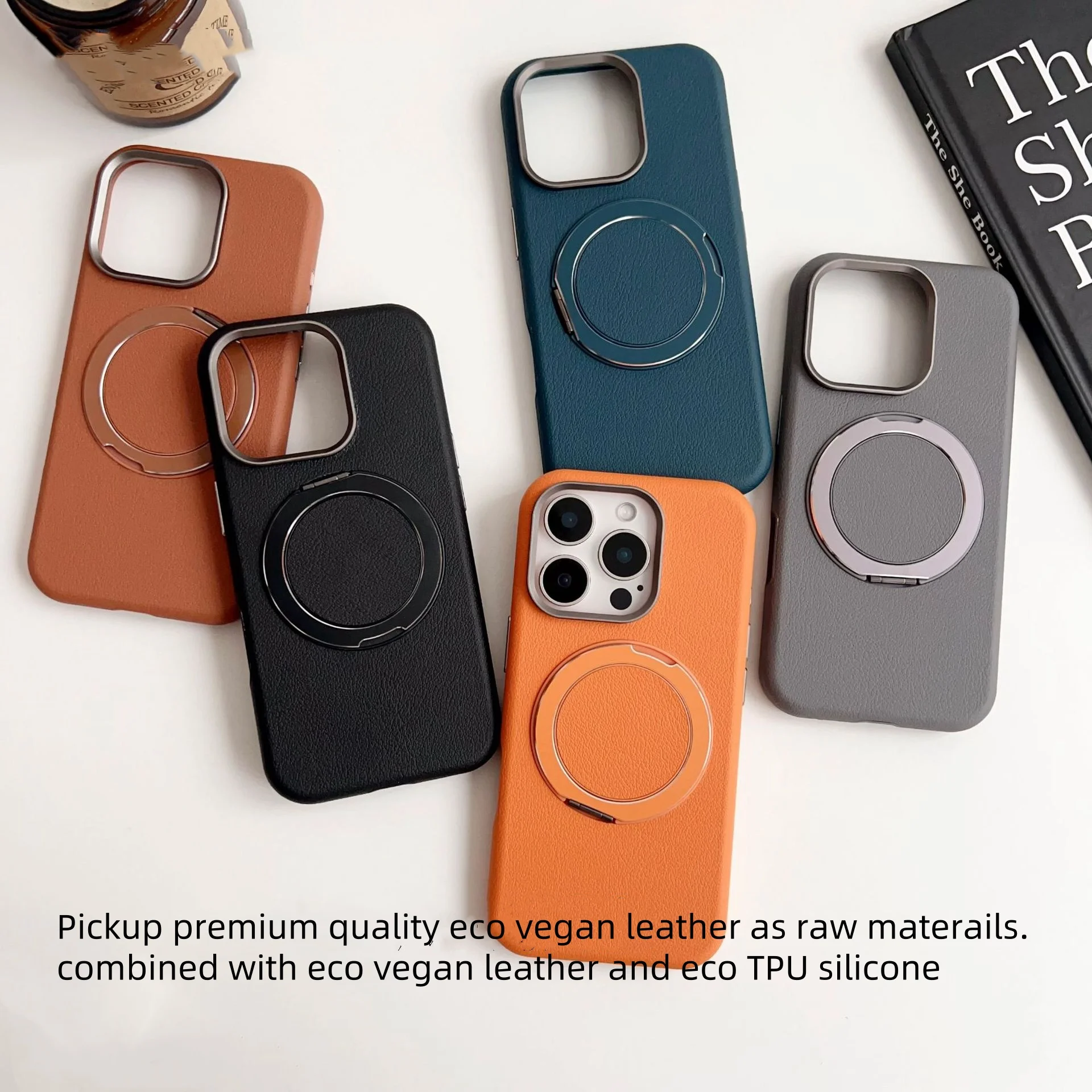 Eco Vegan Leather Case For iPhone 16 15 14 13 Pro Max With 360 Rotation Magnetic Metal Ring Stand For Masafe Wireless Charger