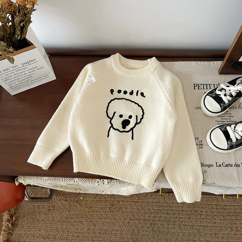

2024 Autumn Korean Childrens Sweater Cartoon Dog Cotton Knitted Loose Versatile Baby Girls Pullovers Toddler Girls Knitwears