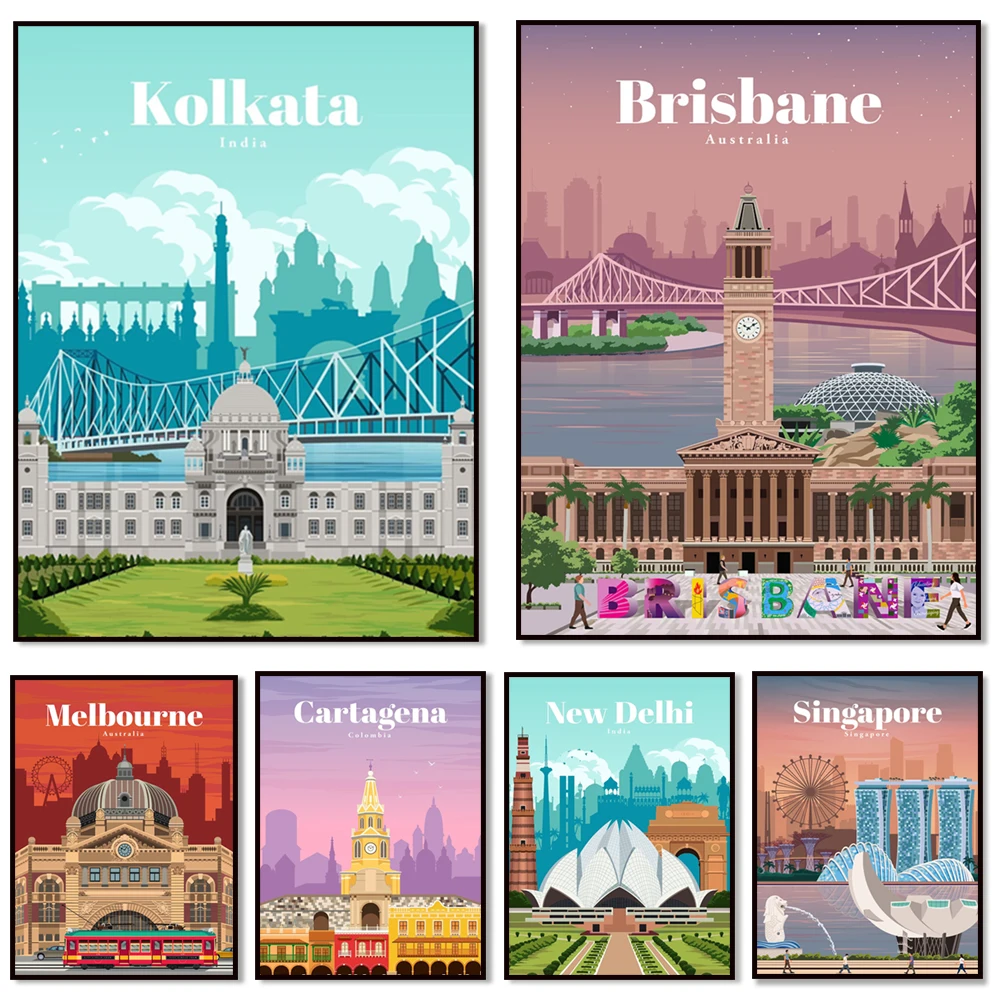 Houston, Birmingham, Moscow, Brisbane, Melbourne, New Delhi, Reykjavik, Warsaw, Singapore, Cartagena, Kolkata travel posters