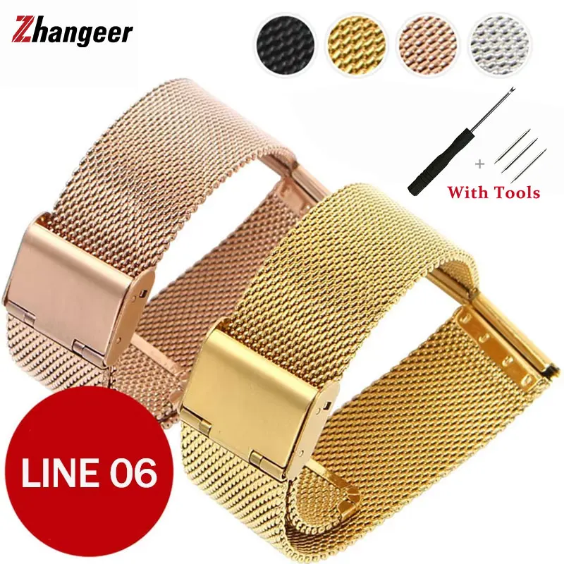 

12 14 16 18 20 22 24mm Stainless Steel Mesh Watchband Line 06 Man Women Wrist Watchband Gold Black Hook Buckle Strap Accessories
