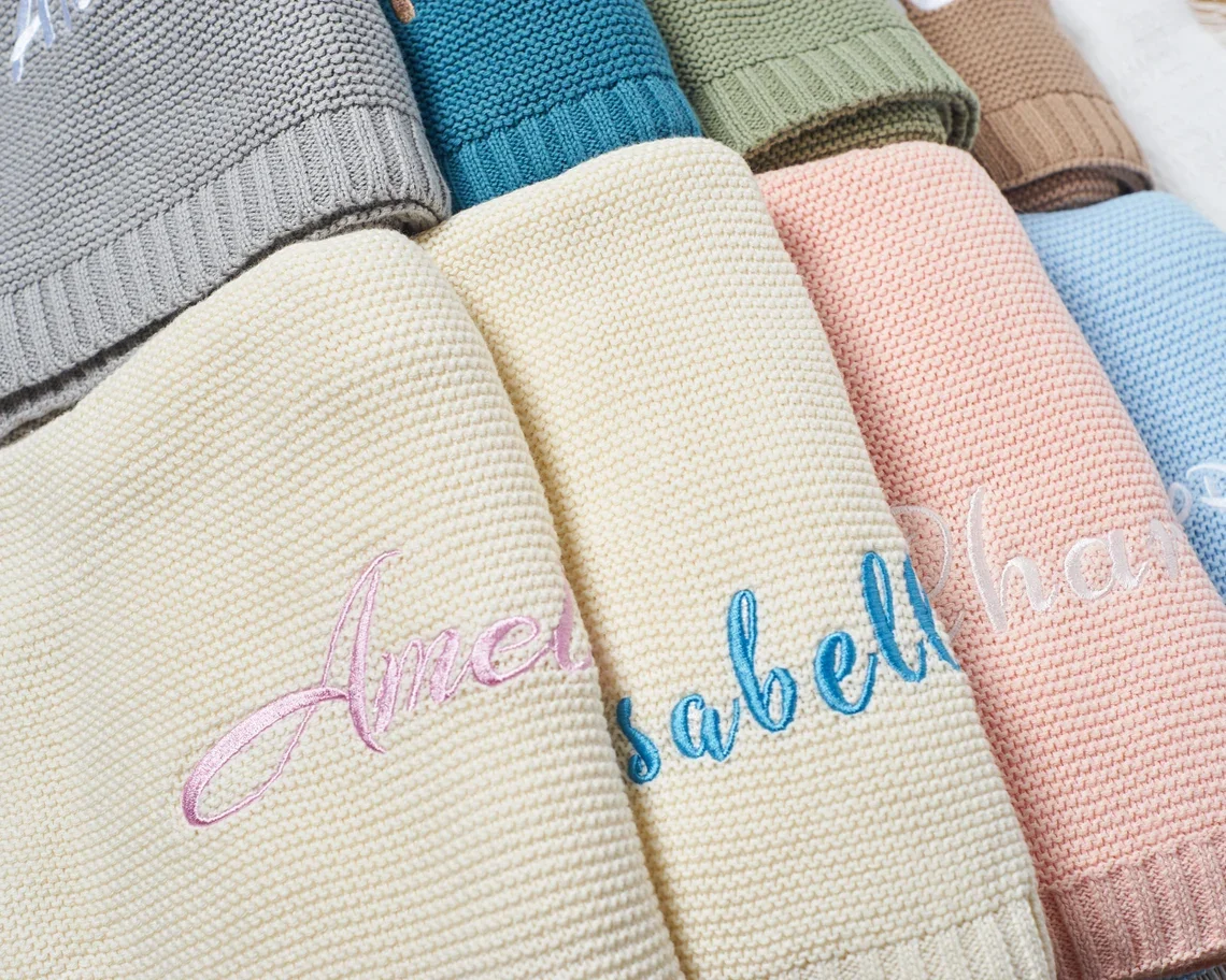 Personalized Name Baby Blanket,Knit Baby Blanket,Baby shower Gift,Embroidered Blanket Name,Newborn Baby Blanket,Cotton Knit blan