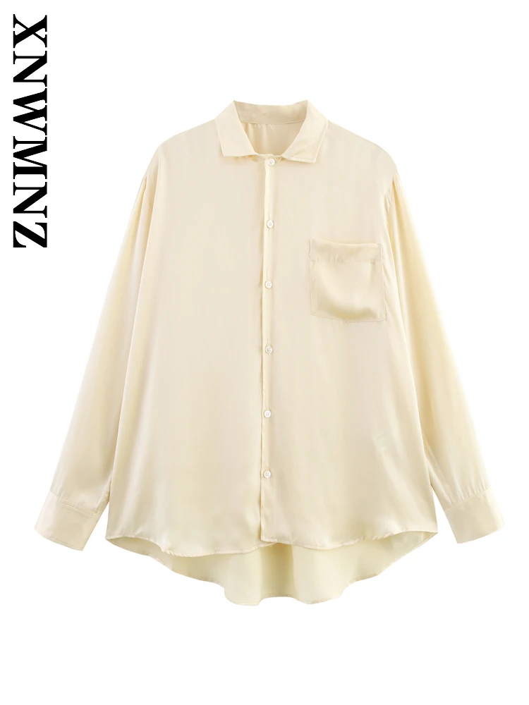 

XNWMNZ 2025 Summer Woman's Casual Fashion Long Sleeve Turn-down Collar Satin Long Sleeve Top Simple Women Clothing Chic Blouses