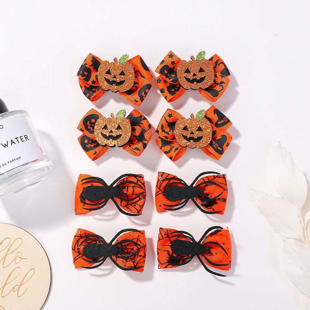 2 Stücke Halloween Kinder Bögen Haarnadel Set für Mädchen Handgemachte Ripsband DIY Kürbis Spinne Dekoration Kopfbedeckung Haarschmuck
