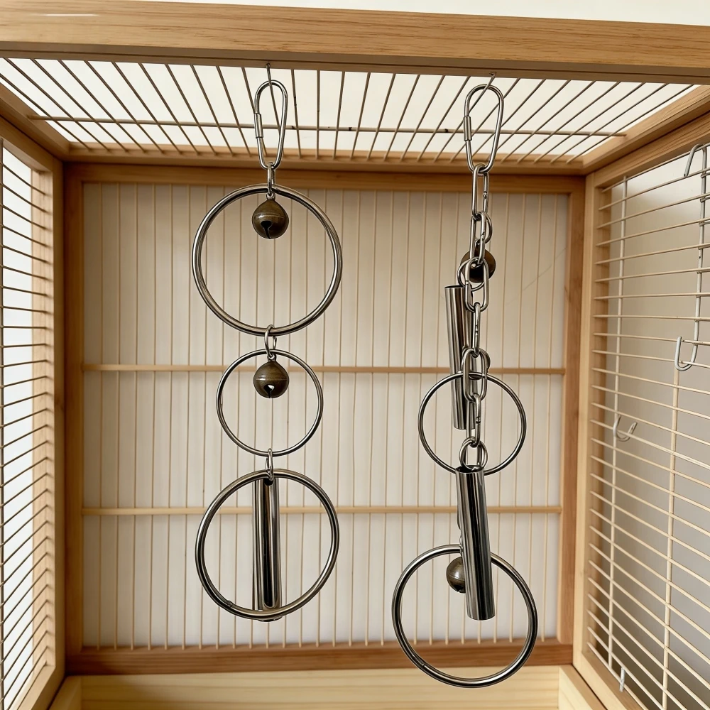 Brinquedo de Aço Inoxidável para Papagaio: Anel com Sino para Roer e Lixar o Bico, Acessório para Gaiola de Arara, Cacatua e Papagaio Cinzento Africano