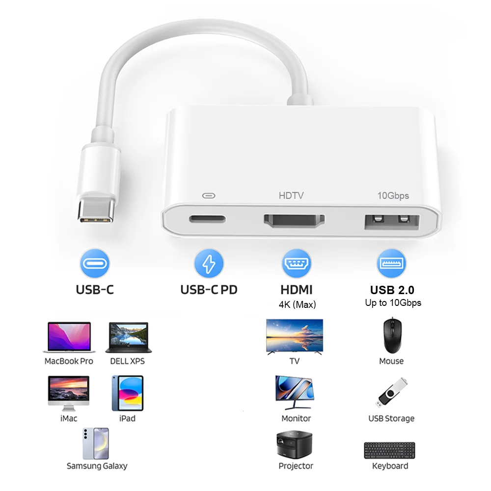 3-in-1 USB C to HDMI Adapter with Charging Port,USB-A OTG 10Gbps Type C Digital AV 4K Converter for iPhone 17 16 Galaxy S25
