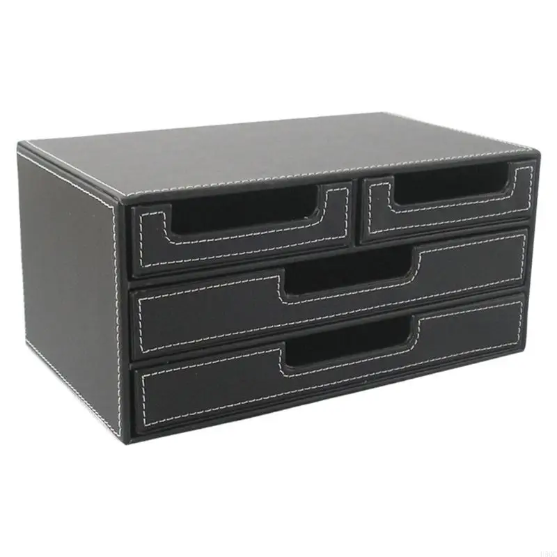 

Stationery Storage Box Desk with 4 Drawers Desktop Document PU Leather Bills Collection Holder D5QC