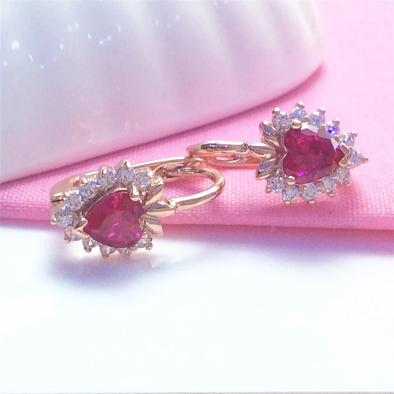 

585 Purple Gold Plated 14K Rose Gold earrings for women Red Gem Heart shaped earings Shining Sweet New in Banquet Jewelry