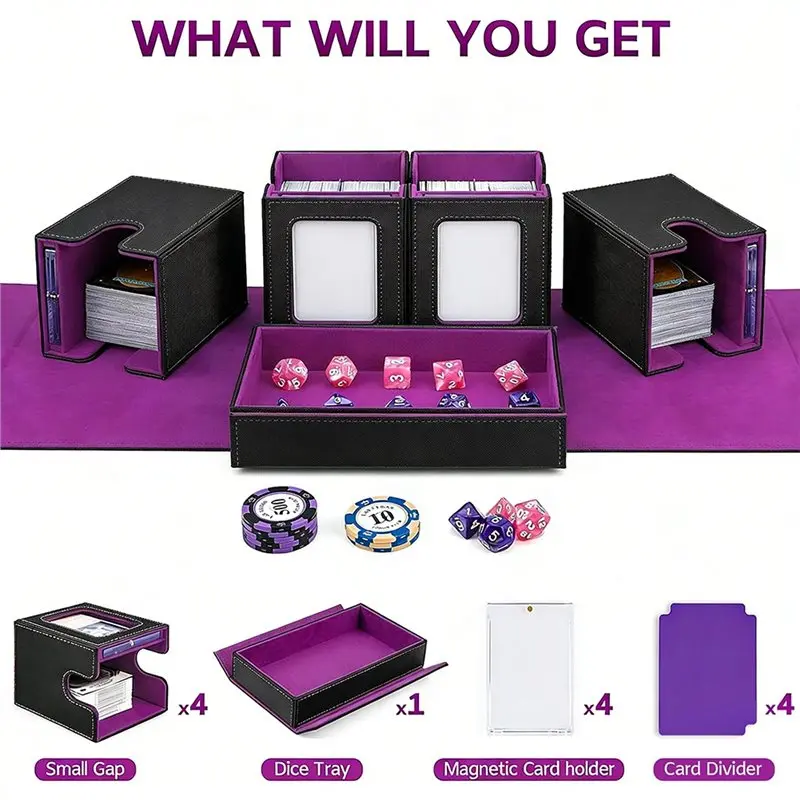 ABUM-Trading Card Deck Case Removable Multi-Purpose Storage Box, For Game Sports Cards Purple+Black