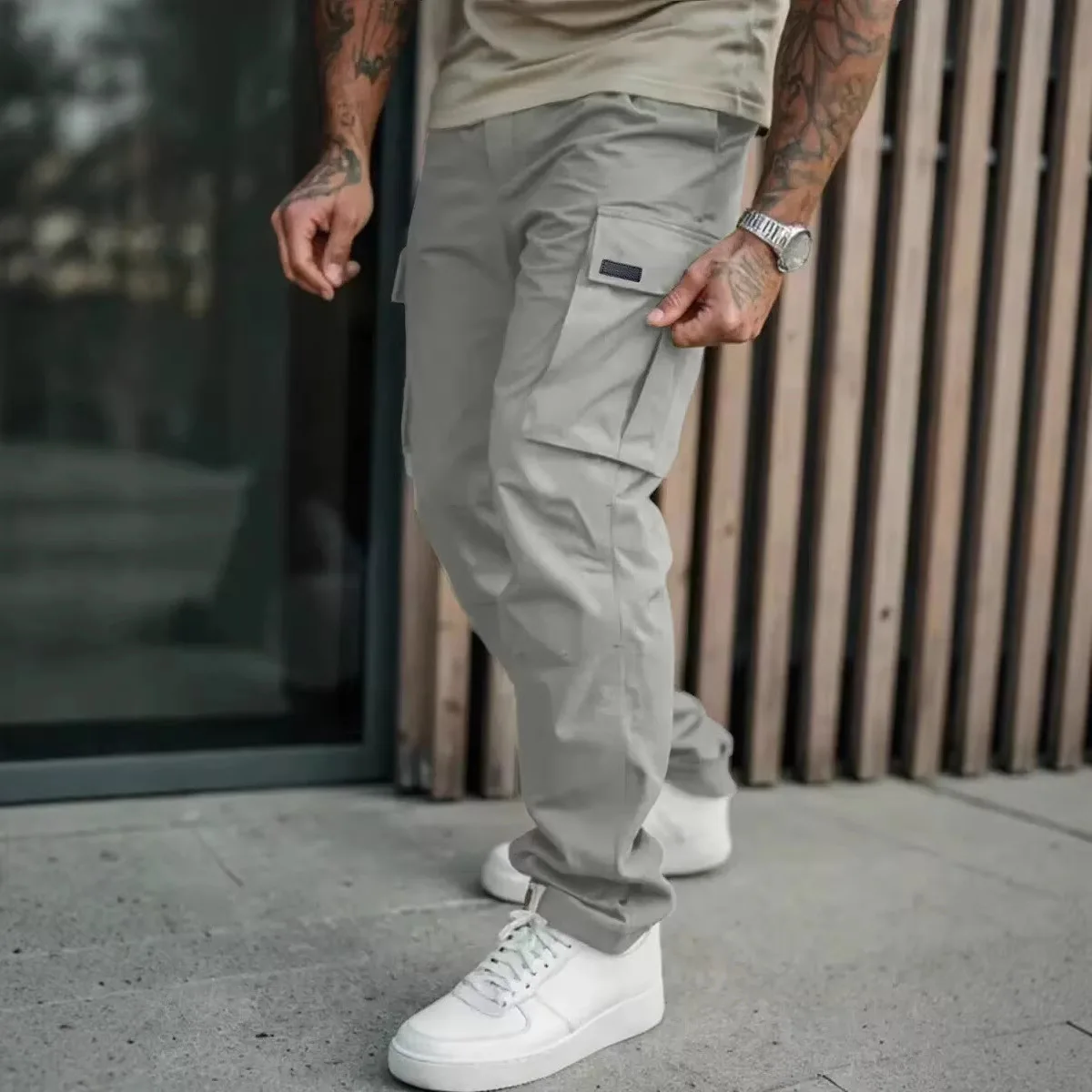 Men Multi Pocket Cargo Pants Elastic Cuff Joggers Casual Outdoor Work Trousers Loose Straight Streetwear Tactical Sweat Pants