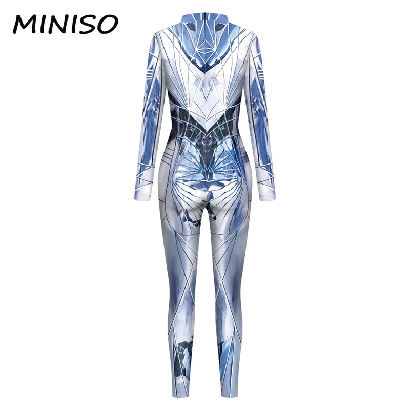 MINISO Cool Punk Bodysuit Reflect Armour Steampunk Print Zentai Suits Halloween Party Cosplay Costume Jumpsuit Women Clothing