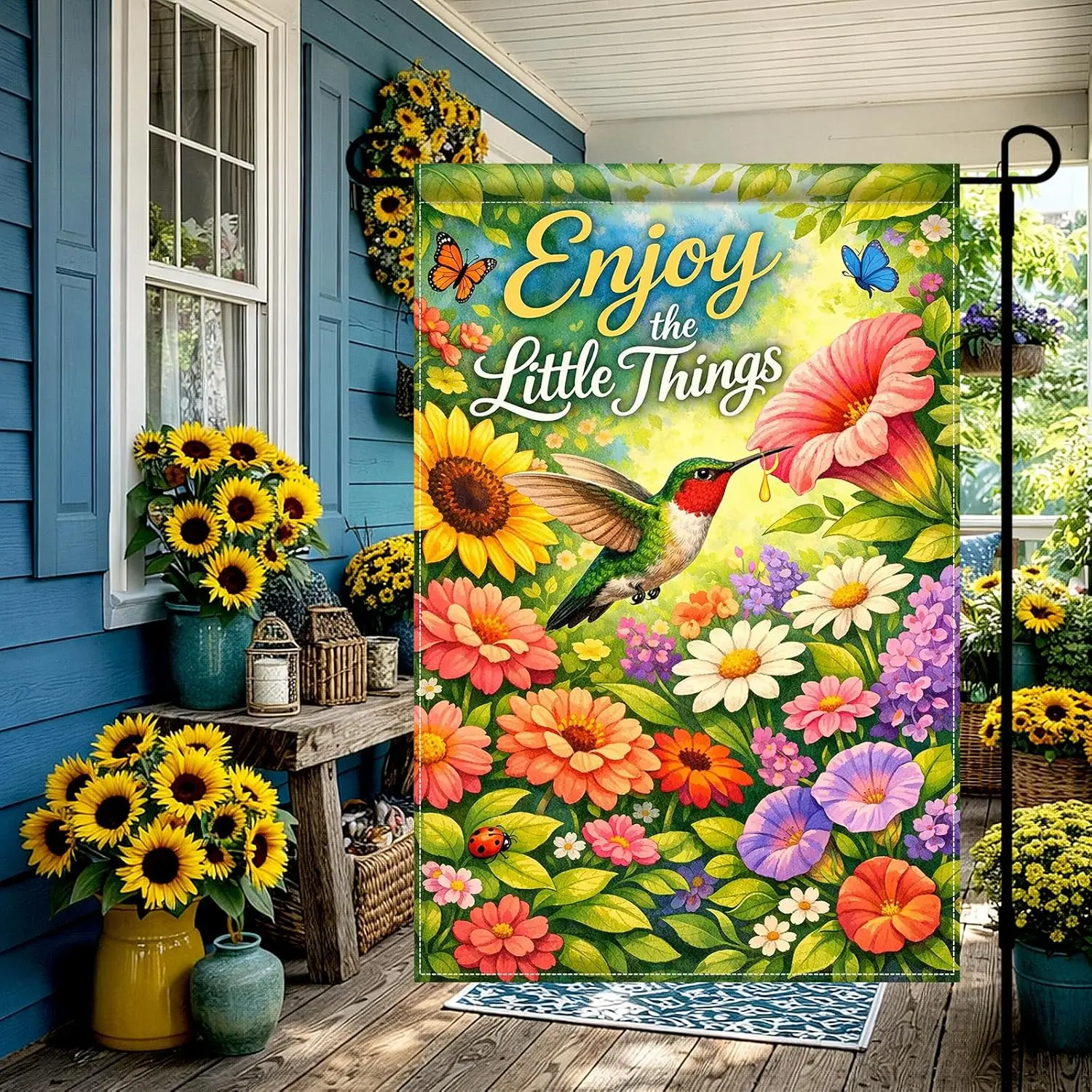 BlissYard Enjoy The Little Things Garden Flag 12x18 Double Sided Vertical Outdoor Decor Hummingbird Floral Yard Garden Lawn  WWP