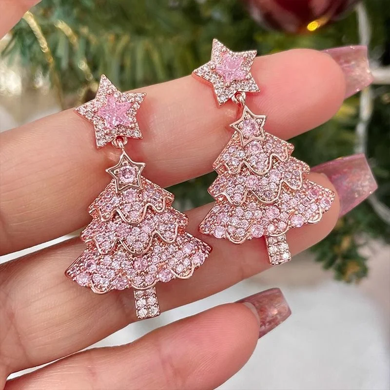 New Design Sweet Pink Christmas Tree Earrings for Women Light Luxury Sparkling Zircon Dangle Earring Xmas Holiday Party Jewelry