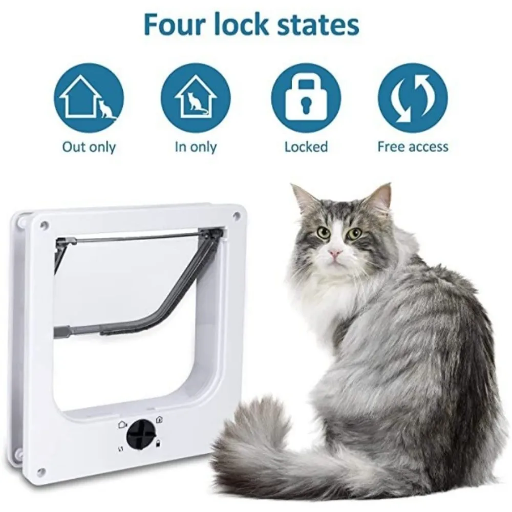 4 Ways Locking Cat Flap Door with Security Lock ABS Weatherproof Self-Closing Pet Door Turn Knob Easy Installation Dog Flap Door