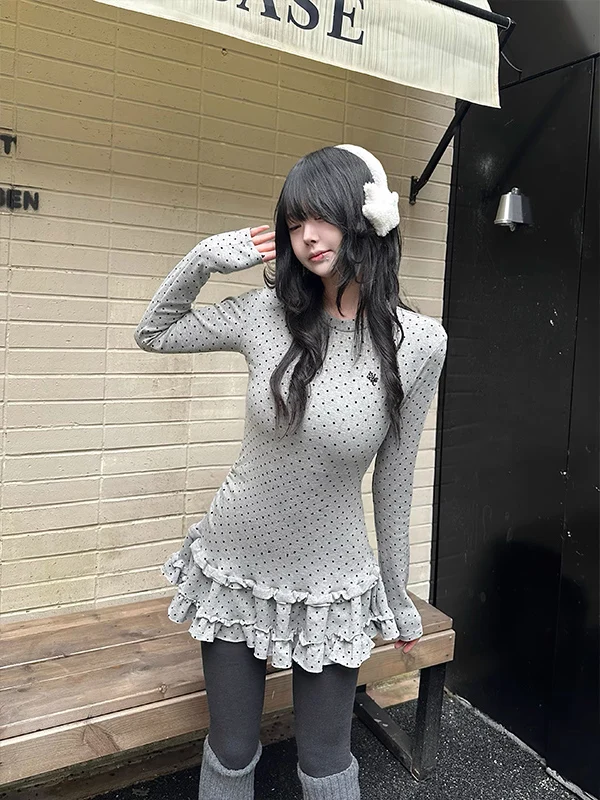 الأمريكية البولكا نقطة تنورة طويلة Sve تي شيرت المرأة الشتاء سليم صالح ميدي طول بعقب تغطي ملابس داخلية قاعدة irt