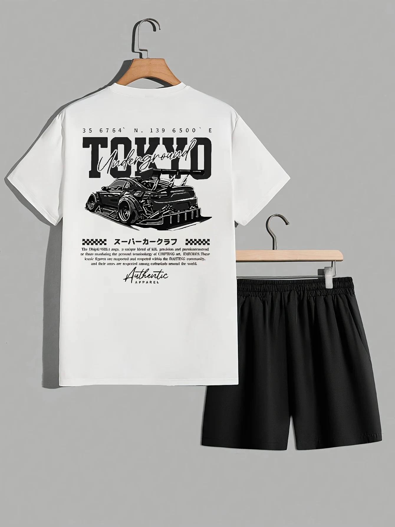 Men's Summer Coconut Tree Racing Printed Comfortable Breathable Round Neck T-shirt Drawstring Shorts Set Outdoor Casual Clothing
