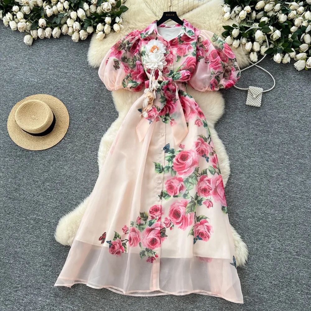 Schickes Vintage Sexy Print Mesh Spliced Fairy Sommer Damen Boho Sommerkleid Damenbekleidung Langes Kleid
