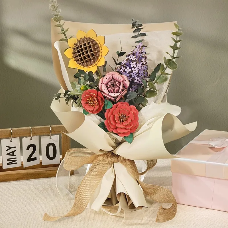 Ramo de flores de madera 3D DIY, hermoso rompecabezas de madera para decoración de novias, regalos hechos a mano, materiales para amigos ecológicos