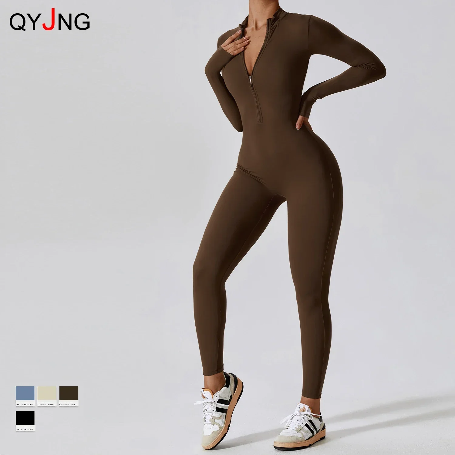 

Fashion Zipper Long Sleeve Fitness Overalls Women Sportswear Quick-dry Gym Yoga Jumpsuit Black Sport Set Women One Piece Outfit