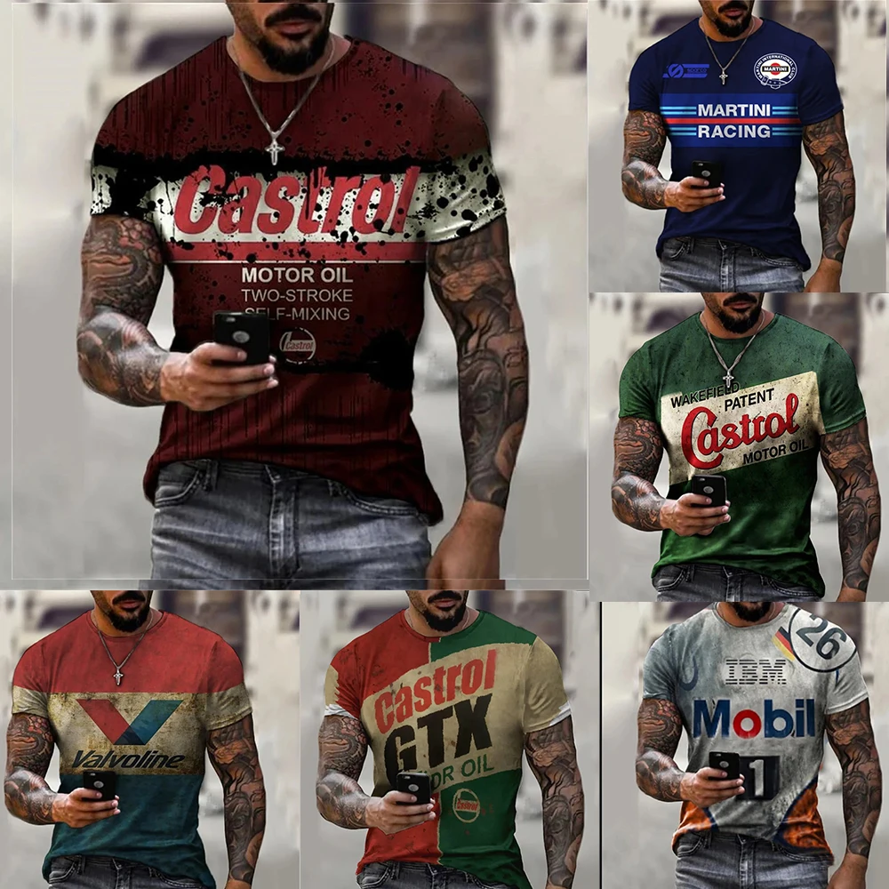 Castrol-Camiseta con estampado 3D para hombre, camisa informal Harajuku Retro de manga corta, ropa de calle de gran tamaño, Hip Hop, Verano