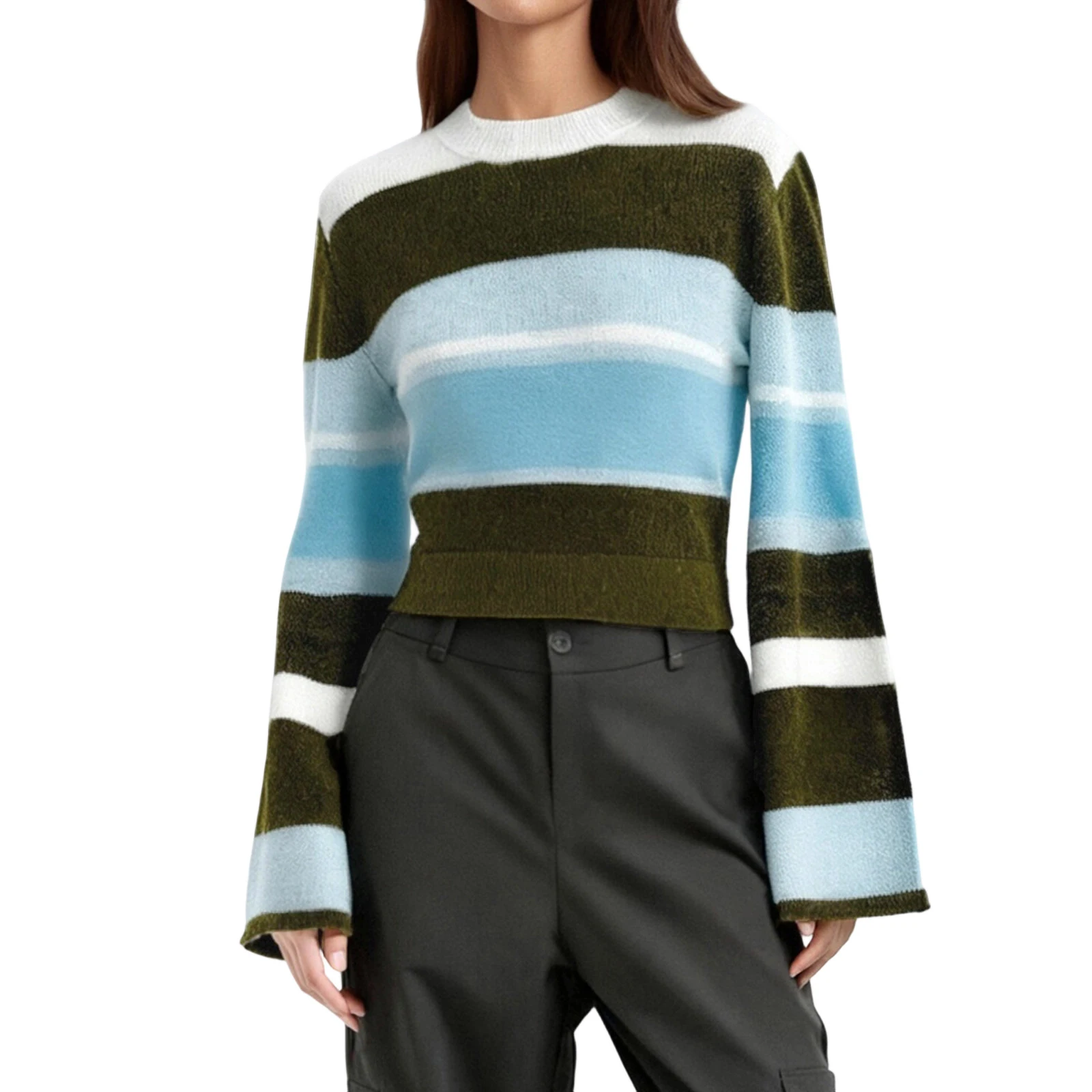 

Женский укороченный свитер в контрастную полоску с круглым вырезом и длинными расклешенными рукавами для зимы и осени