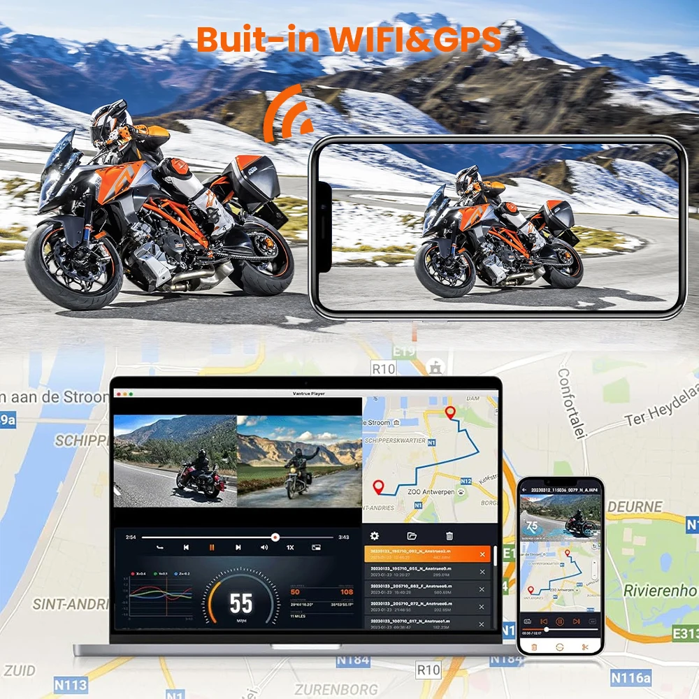دراجة نارية مزدوجة 1080P بدون شاشة DVR مقاوم للماء 67 عمل كاميرا مسجل الرؤية الأمامية والخلفية دراجة نارية داش كام واي فاي الاتصال الذكي