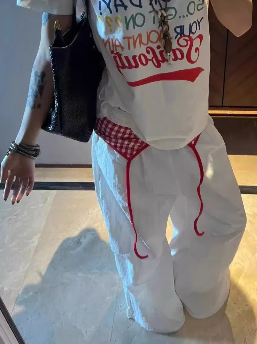 Summer American Retro Fake Two-Piece Wide Leg Paratrooper Pants Women's Versatile Design Pleated Mop Casual Trousers