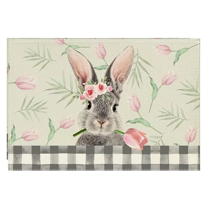 2pcs, Placemats, Square Happy Easter Theme Table Pads, Colorful Floral Cute Bunny Decorative Table Mat