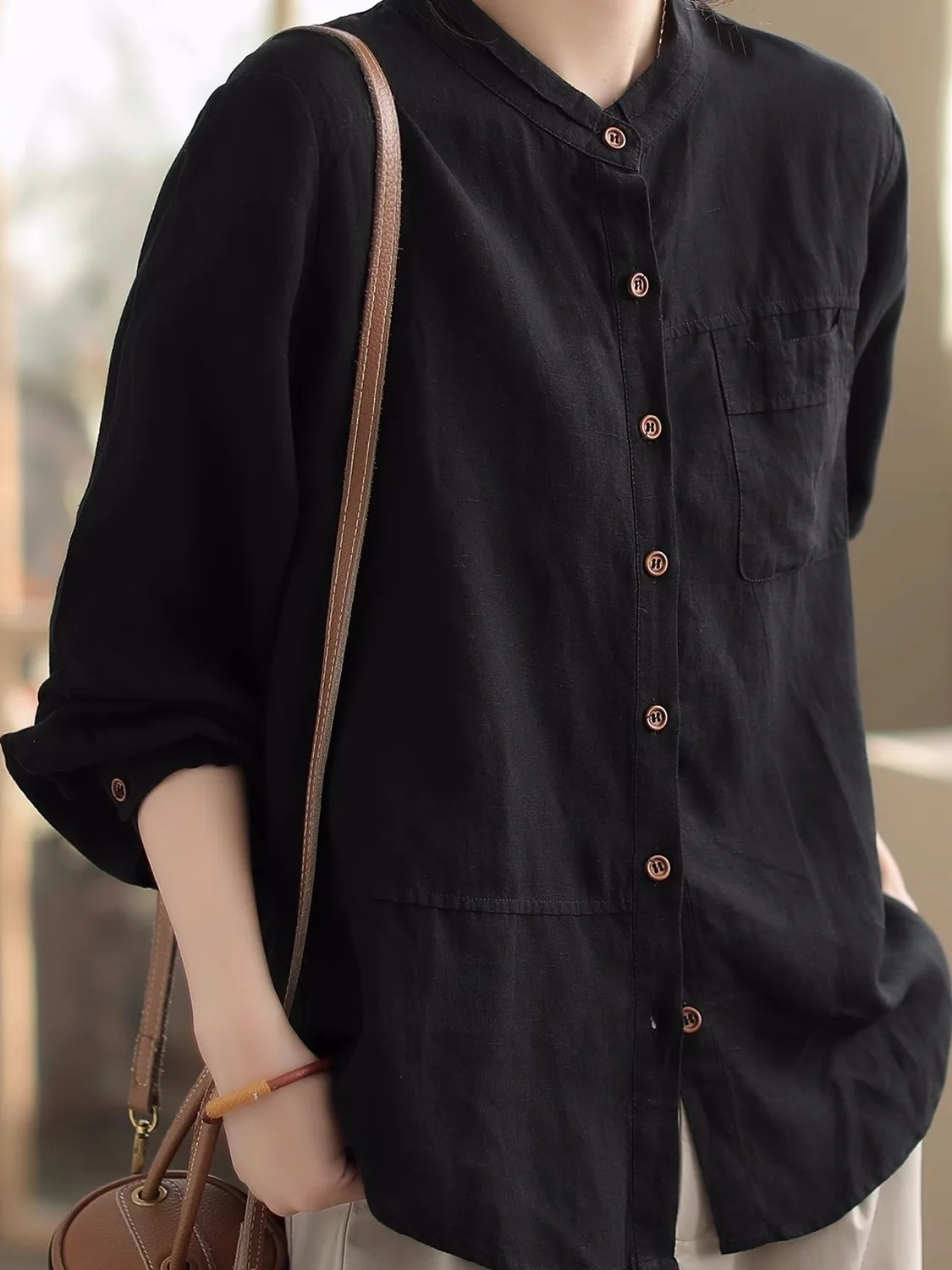 Retro Lniany Casualowy Jednolity Kolor Luźny Uniwersalny Damski Irt Odmładzający Jesienna Kolekcja Wygodny Krój Klasyczny Design