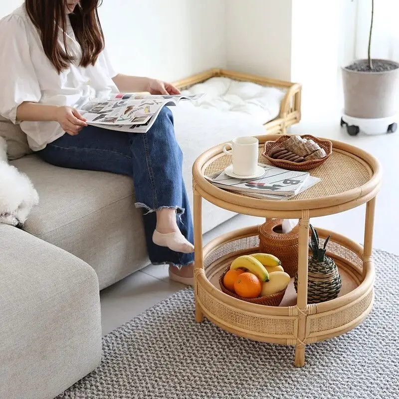 Mesa de centro redonda de vime, prateleira dupla japonesa, varanda, quarto, móveis para sala de estar