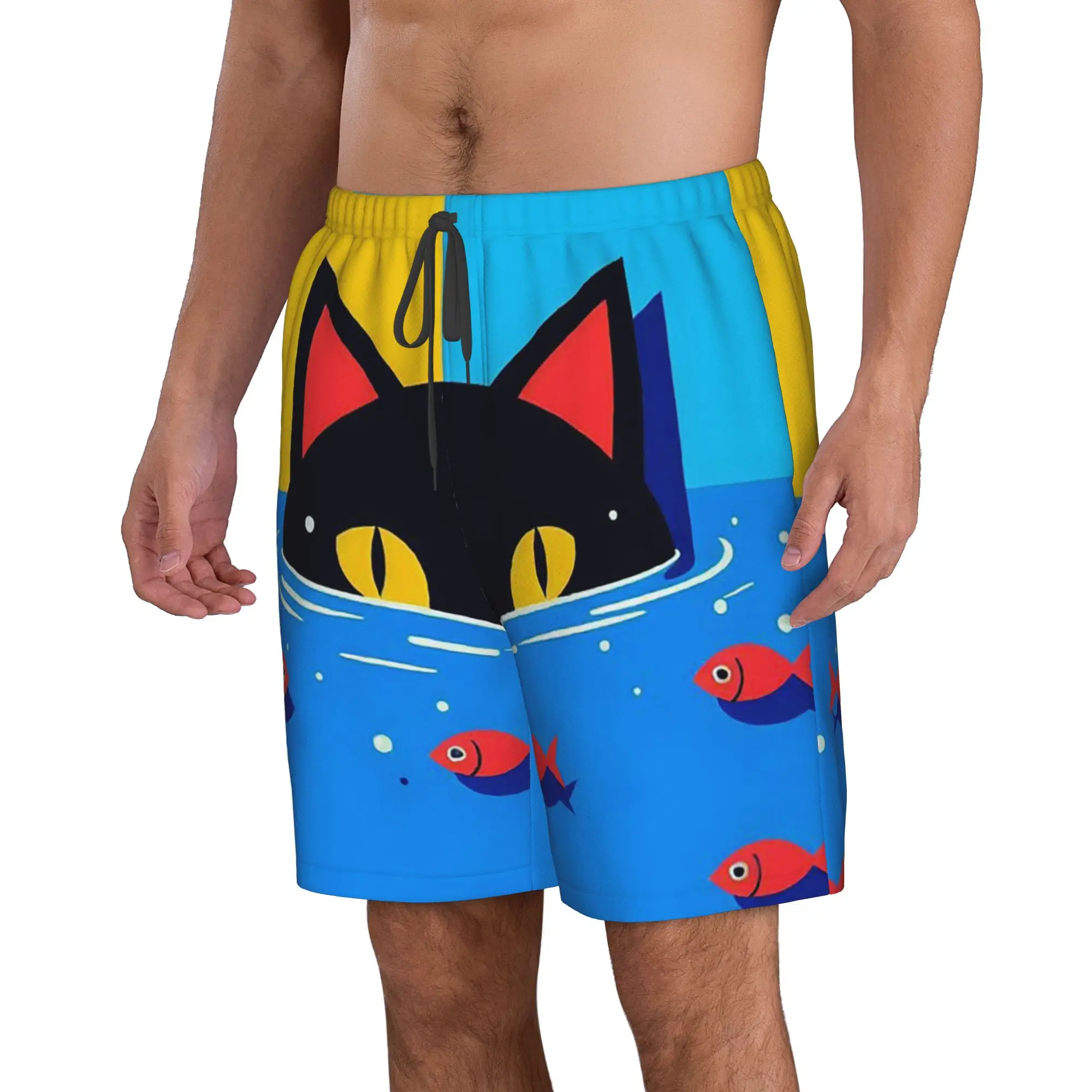 Black Cat Peeking Into Water Staring at Swimming Small Fish Trunks Beach Board Shorts Casual Quick Dry Swim Summer Men Pants