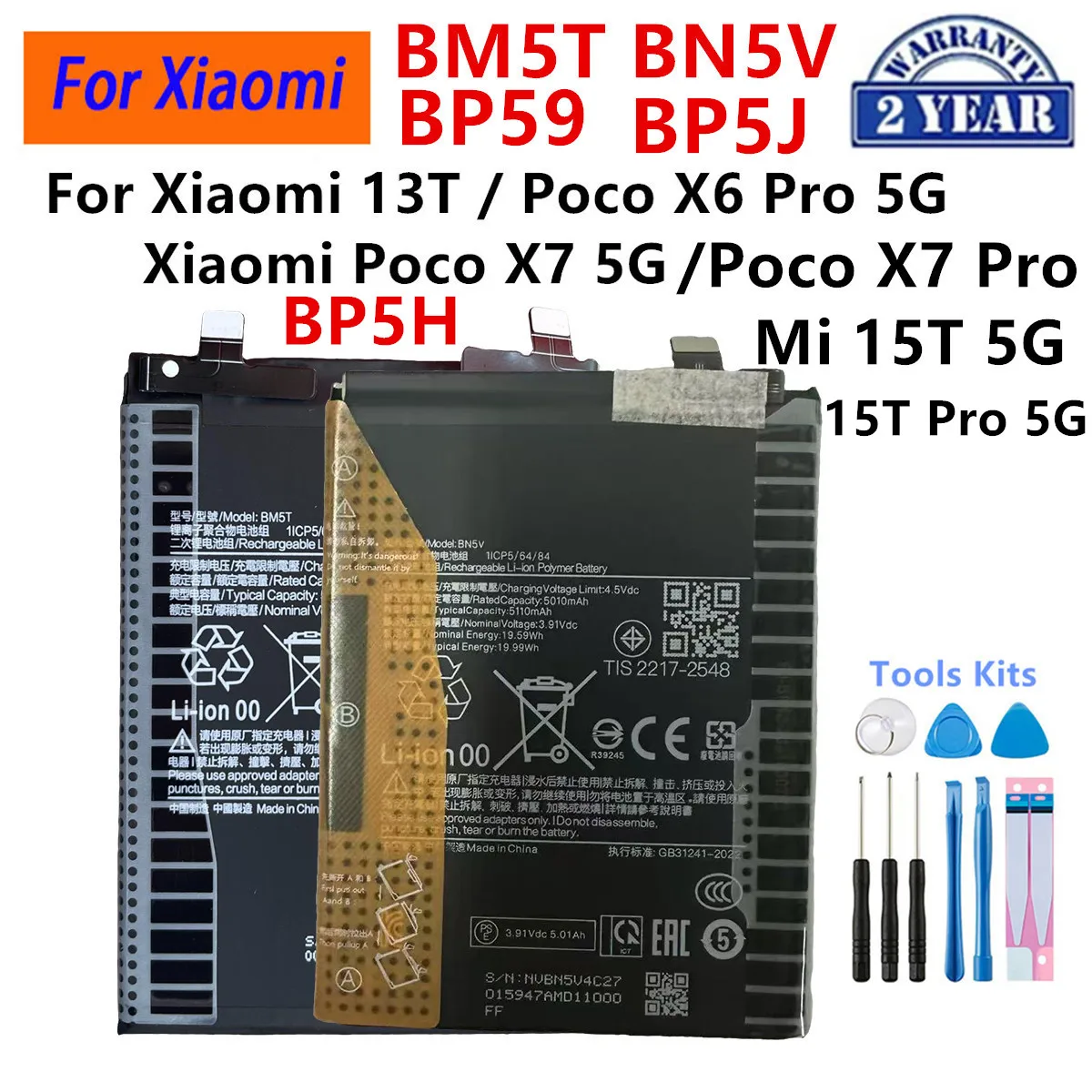 Image of Brandneue BM5T BN5V BP59 BP5J BP5H Ersatzakkus für Xiaomi 13T Mi 15T Pro 5G Xiaomi Poco X6 X7 Pro 5G Telefone + Werkzeuge