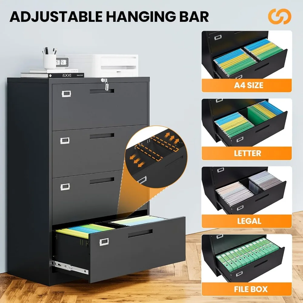 خزانة ملفات بأربعة أدراج بقفل معدني للمكتب المنزلي، حل تخزين أسود مع أمان وتنظيم