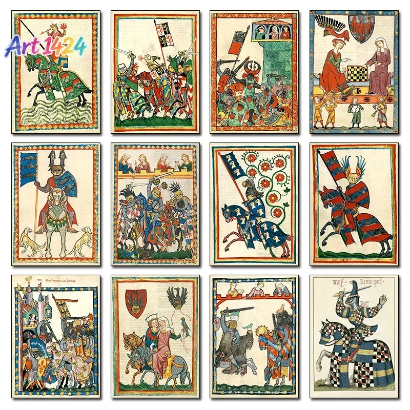 Medieval Antique European Art Posters Lovers on Horse Prints Canvas Printing Retro Wall Picture for Living Room Home Decoration