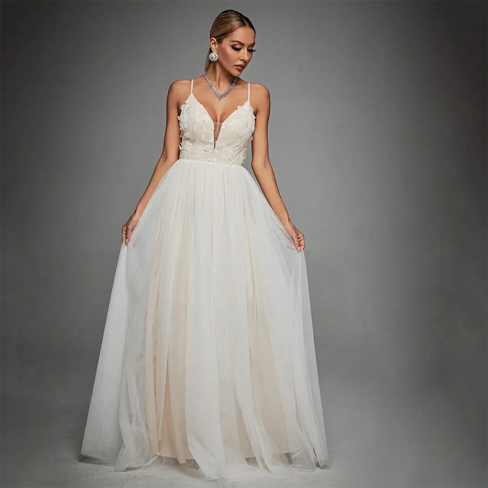 

2024 New V-neck three-dimensional embroidery color contrast wedding dress long evening gown ball dress