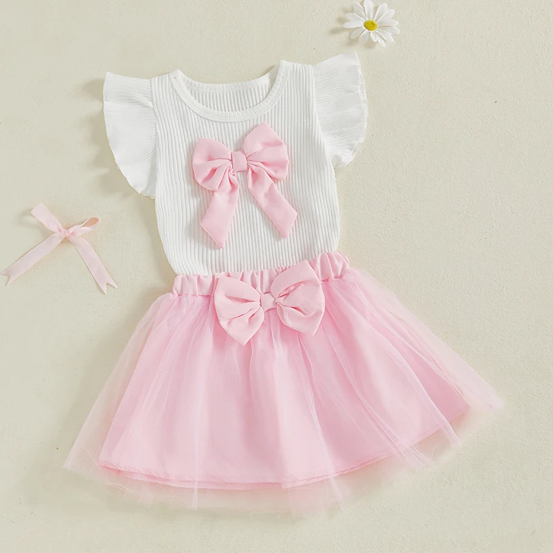 Conjunto de top de manga con volantes y pantalones cortos de mezclilla con detalle de lazo para niñas - Conjunto informal de verano para niños