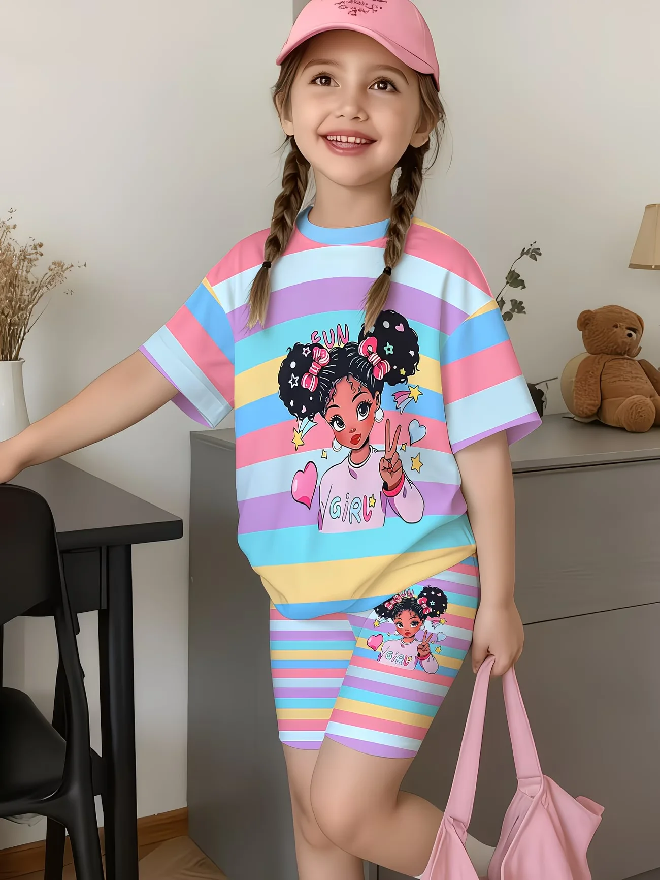 Kawaii Anime Print Kids Sport Suit Short Sleeve Tee and Shorts 2-Piece Set Girls Casual Summer