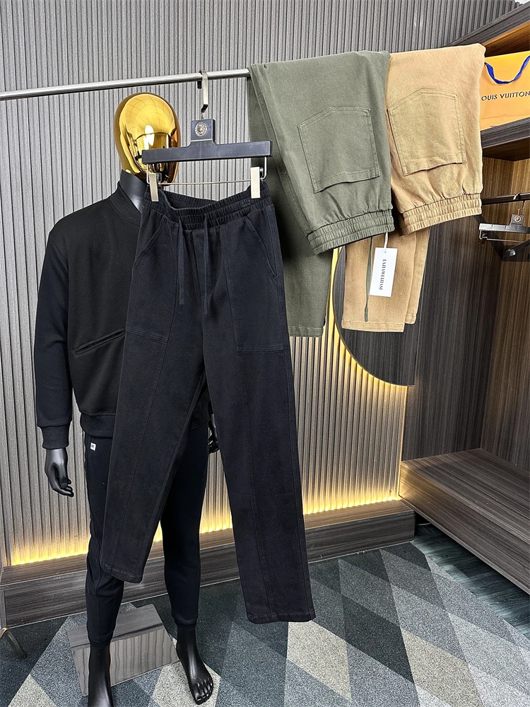 

Men's Pure Color High amage Cotton Straight Leg Casual Pants Autumn Winter Vintage Cheered Pattern Comfortable Faionable