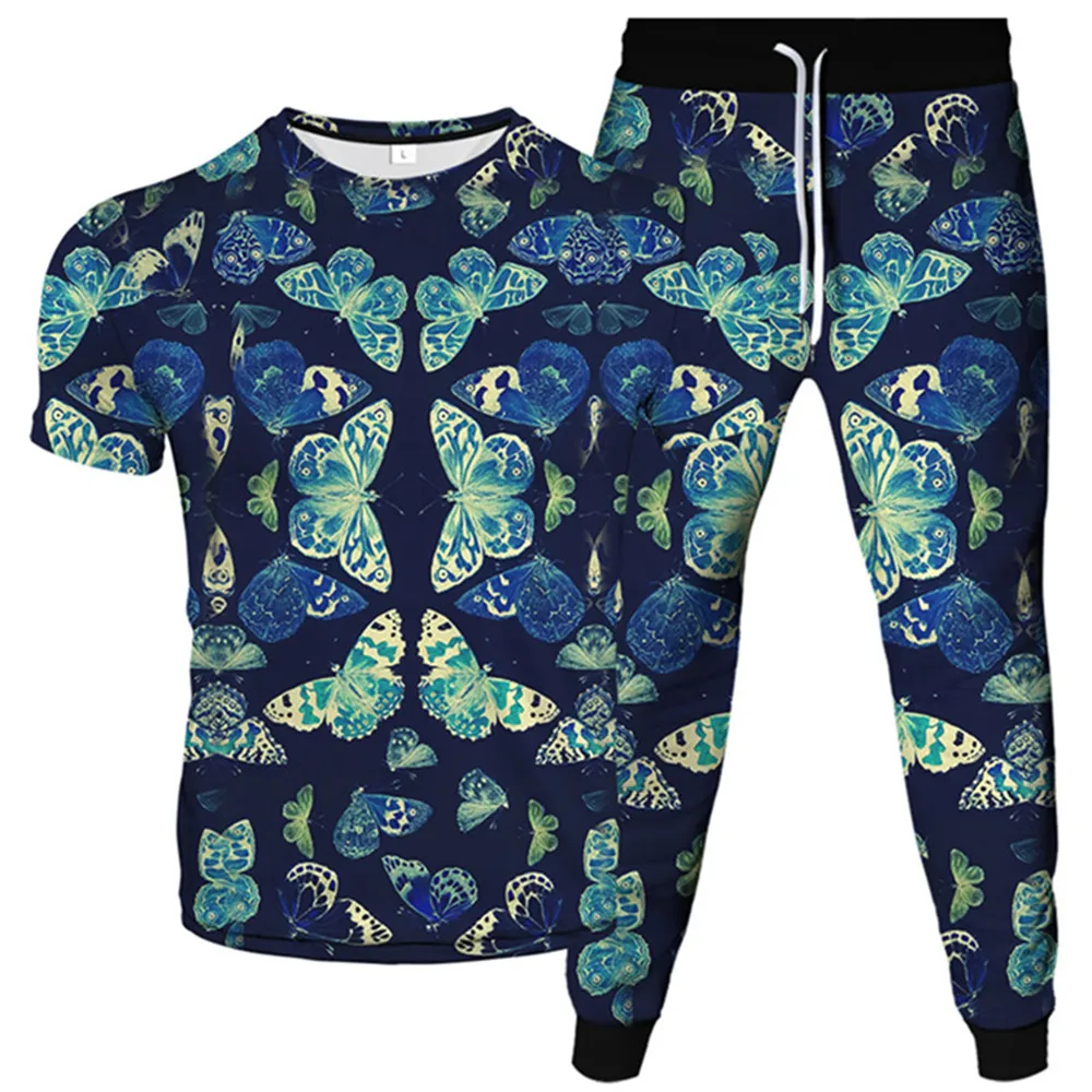 Hommes femmes mode survêtement or bleu Animal papillon impression 3D vêtements T-Shirt + pantalon de jogging 2 pièces ensembles grande taille S-6XL costumes