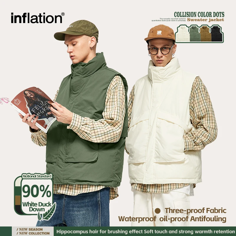 INFLATION Plain Windproof Down Vest Men Stand Collar 90% White Duck Puffer Sleeveless Jacket Male Warm Outerwear