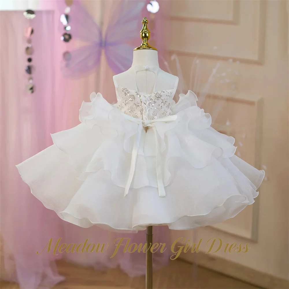 Meadow White Tutu Fluffy Prom Gown Glitter Sequins Elegant Kids Girl Birthday Party Dress A Line Layered Tulle Flower Girl Gown